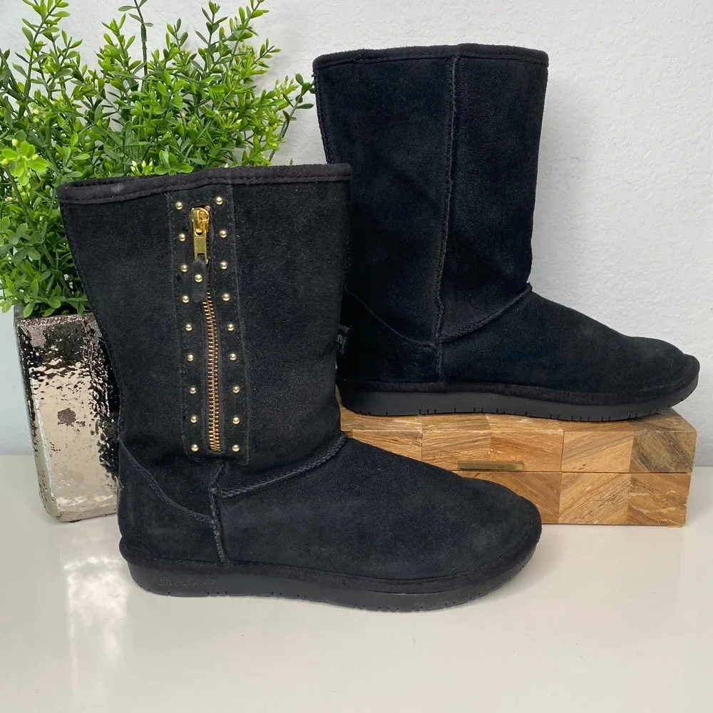 Skechers Australia Black Suede Zip Studded Tall Boots Size Cottagecore‎ Cozy 8.5